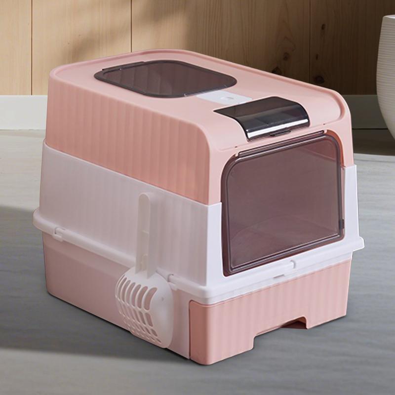 An extra-large, fully enclosed cat litter box featuring a pull-out drawer for easy cleaning, built-in UV light sterilization, and a design that effectively contains litter scatter.