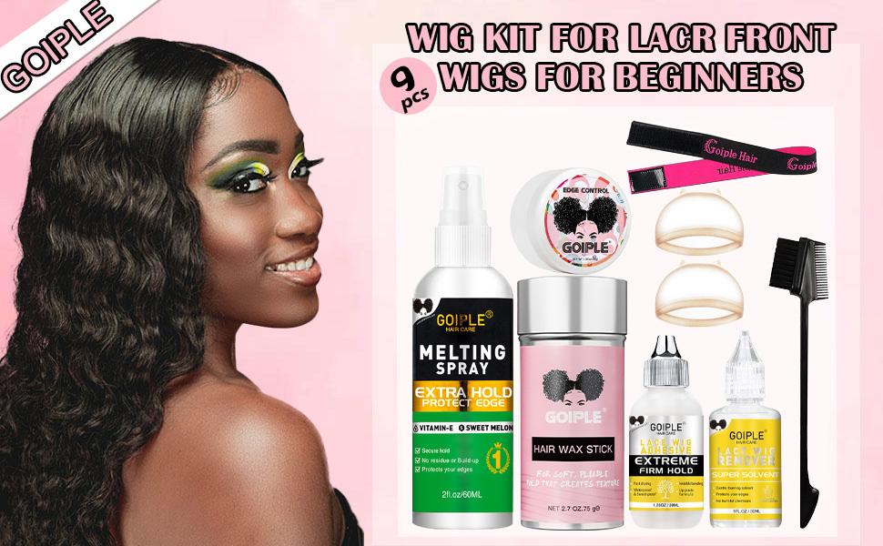 【Spring Glow-Up】Lace Front Wig Glue Kit - 9 Count Set with Glue, Remover, Wig Caps, Edge Control, Hair Wax Stick, and Edge Brush Gel Brazilian Weave