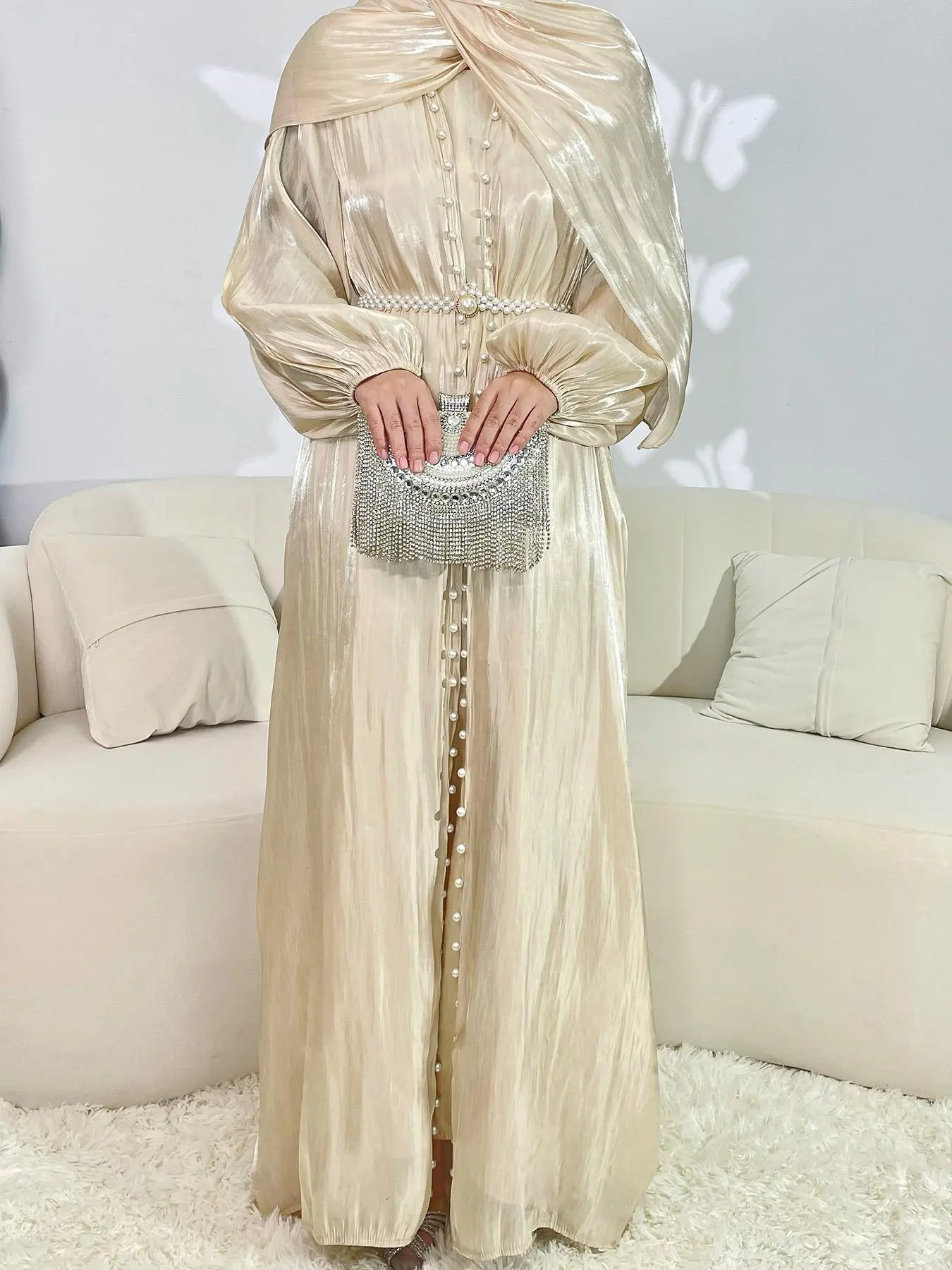 Women's Solid Belted Abaya & Tank Dress Set, Elegant Bishop Sleeve Outerwear & Long Dress, Ladies' Islamic Clothing for All Seasons, Muslim Clothing, Modest Abaya Set, Modesty Abaya, Solid Color Abaya
