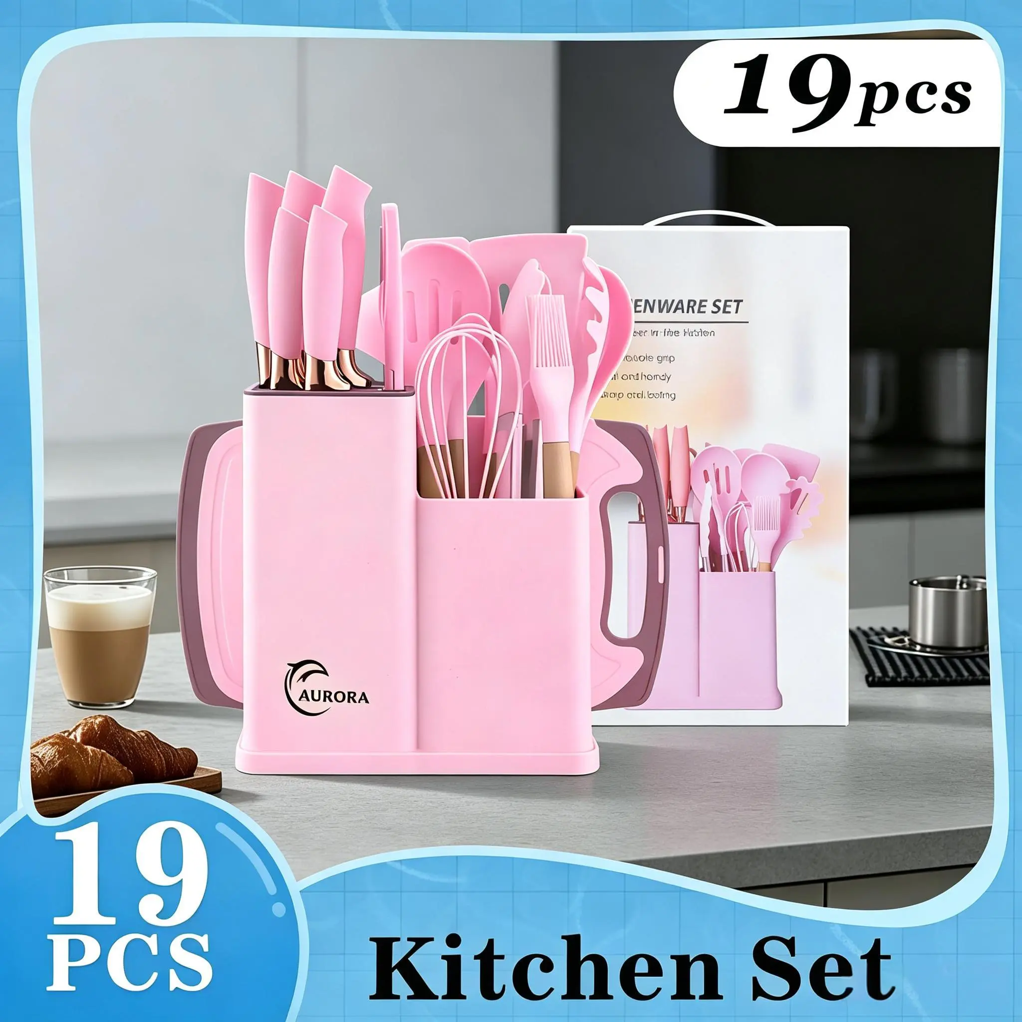 19-Piece Luxury Scandinavian Style Girly Kitchenware Set - Silicone-Wooden Handle Cooking Tools, Knives Kitchen Set, Organizer, Nonstick Black Pots & Pans, Pink & White Accents - Mother Cooking Birthday Gift, Gift Ideas, Home Goods