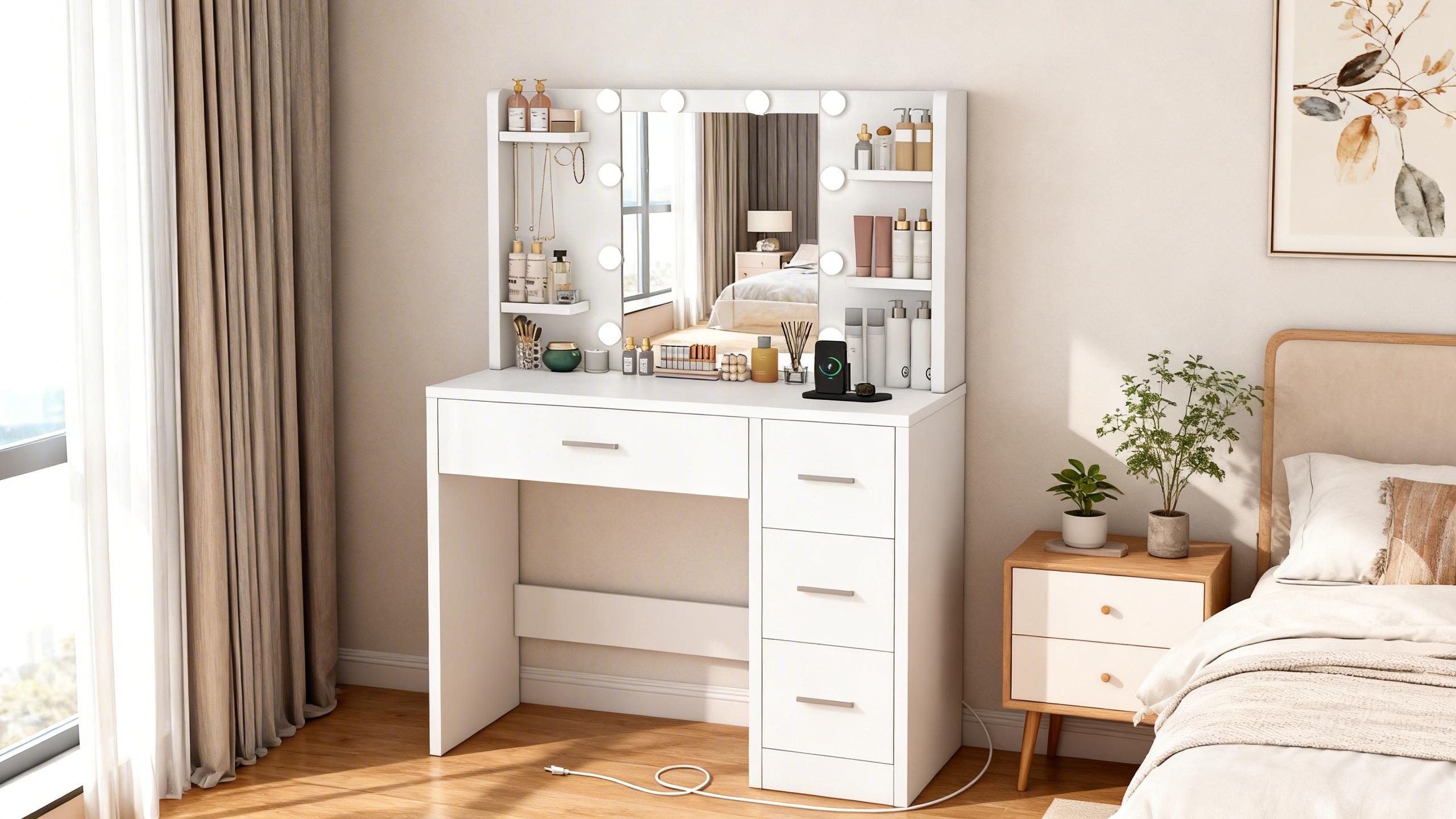 Modern LED Light White Vanity Desk with Power Outlet and Mirror for Makeup & Hair Styling 4 Drawers 3 Color Modes Adjustable Brightness Dressing Table Bedroom