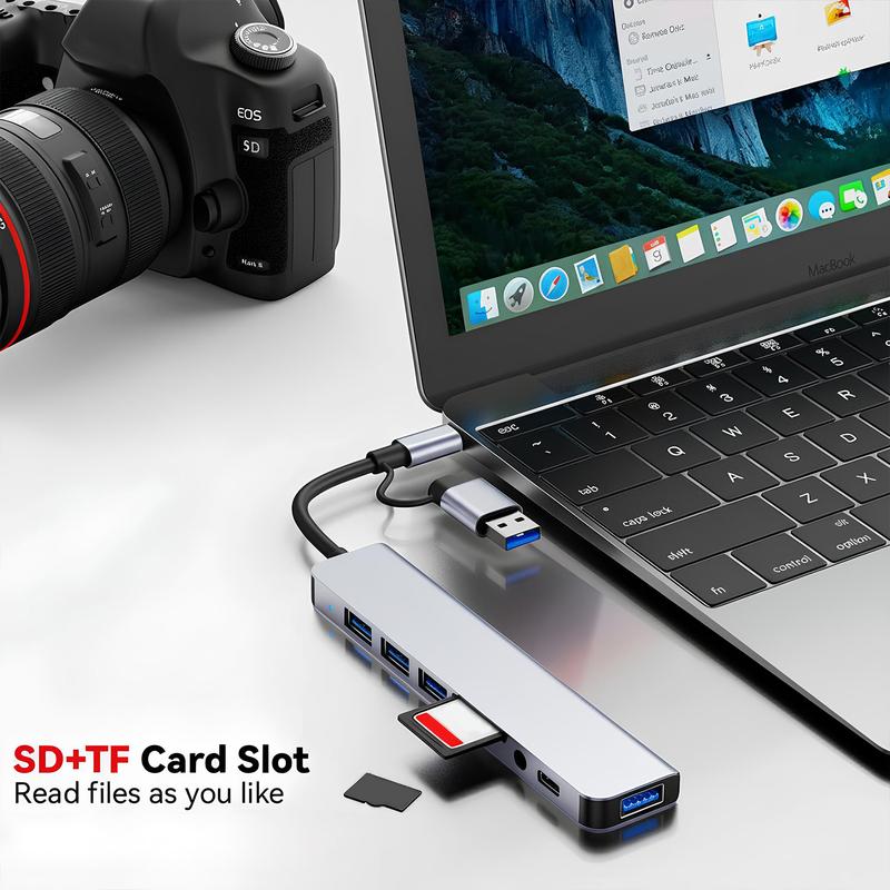 USB C Hub USB Hub 3.0, Aluminum 8 in 1 USB Extender with SD/TF Card Reader, 3.5mm Aux Headphone Jack for MacBook Pro Air and More PC/Laptop/Tablet Devices