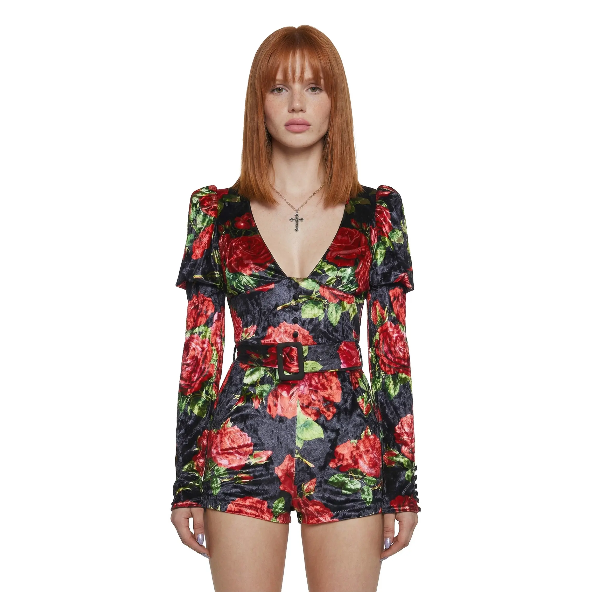 Chic Manners Velvet Romper - Black/Red Chic Manners Velvet Romper - Black/Red