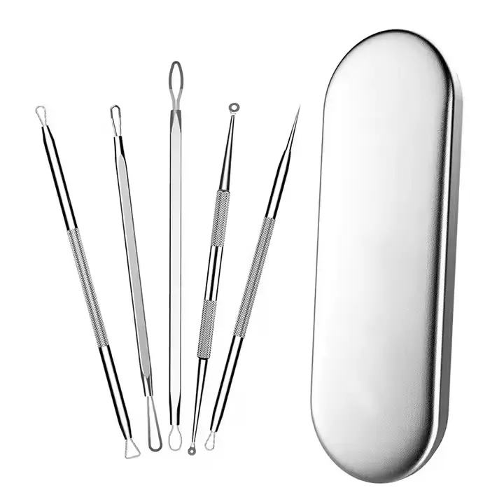 5-Piece Stainless Steel Blackhead Remover Tool Kit - Professional Skin Care Set with Storage Case, Comedone Extractor, Pimple Popper for Blemishes, Whiteheads Acne Removal