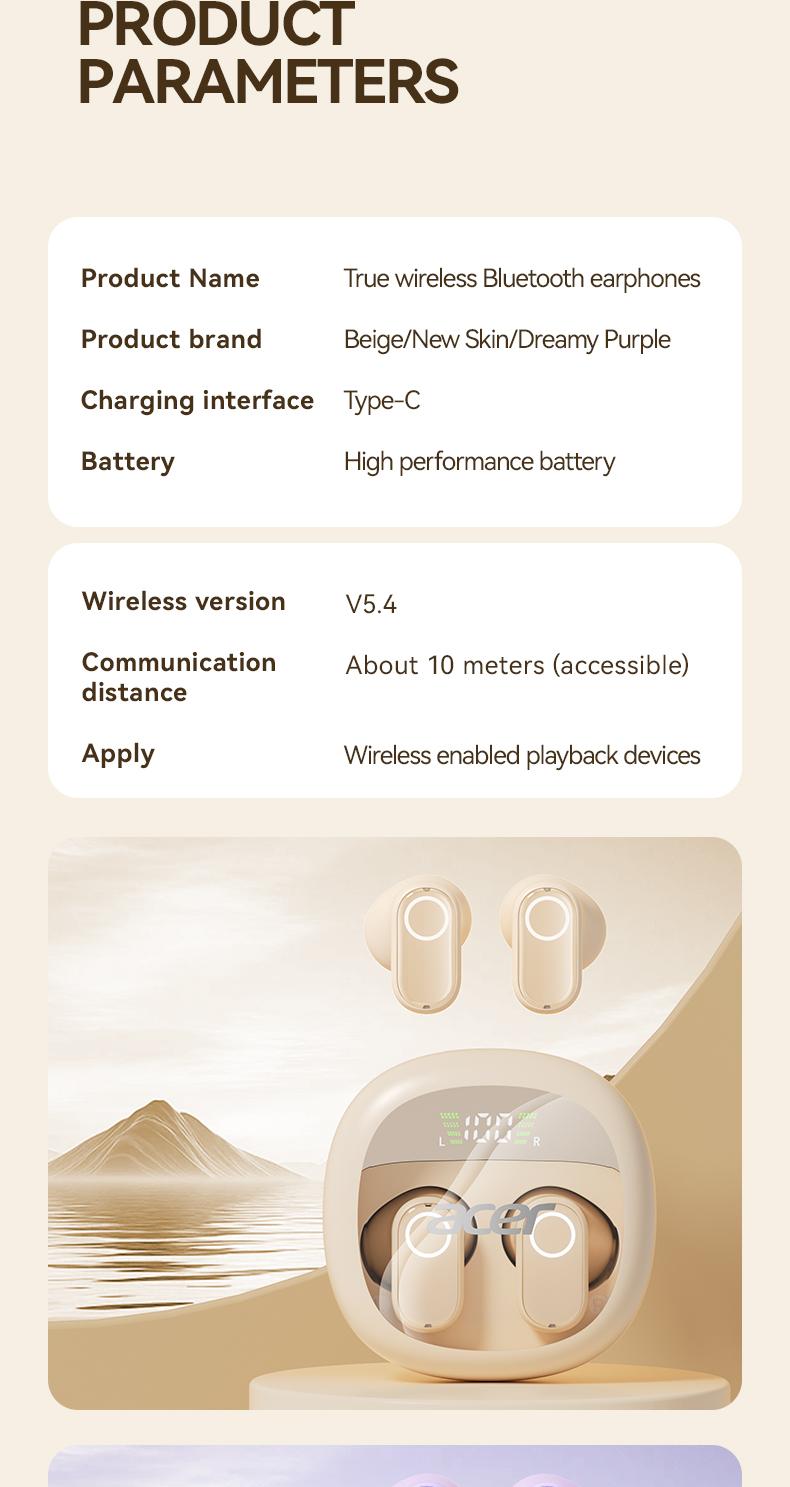 Acer OHR513 Wireless Earphone,In-ear Design Earphones with Digital Cal, LongStandby Headset for Men & Women, Audio Earbud Electronic ear headphone fast charge Black