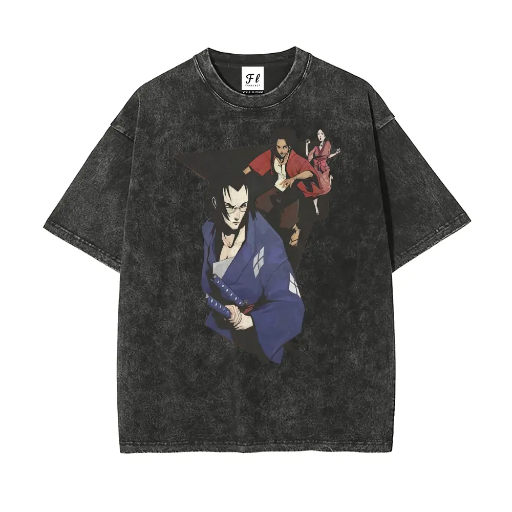 Menswear Short-Sleeve Samurai Champloo Mugen Jin Fuu T-Shirt - Vintage Washed Heavyweight Cotton Fabric, Retro Fashion, Unisex Casual Daily Wear, Classic Anime Streetwear Fan Gift, Shortsleeve