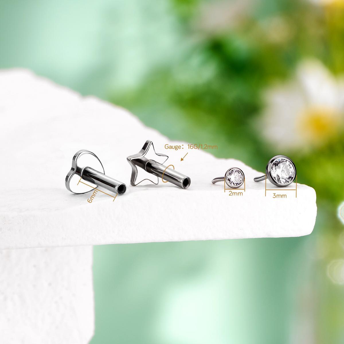 Oufer 16G Threadless Push Pin Star Heart Flat Back Bezel CZ Cartilage Nose Lip Stud Earring