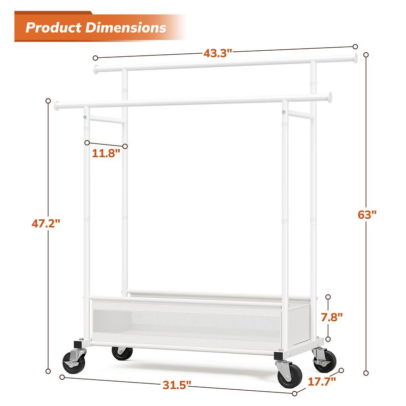 Raybee Heavy Duty Clothing Racks with Net Pocket Holds Up to 210lbs,Double Rod Metal Clothes Rack for Hanging, Rolling Garment Rack with Wheels Portable Closet Racks for Bedroom, Laundry Room,Dorm, Black, White, Gold