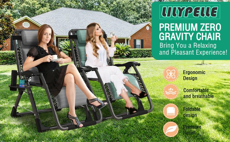 Lilypelle Ice Silk Zero Gravity Chair, Folding Portable Padded Reclining Lounge Chair with Headrest, Side Table, Supports up to 440lbs