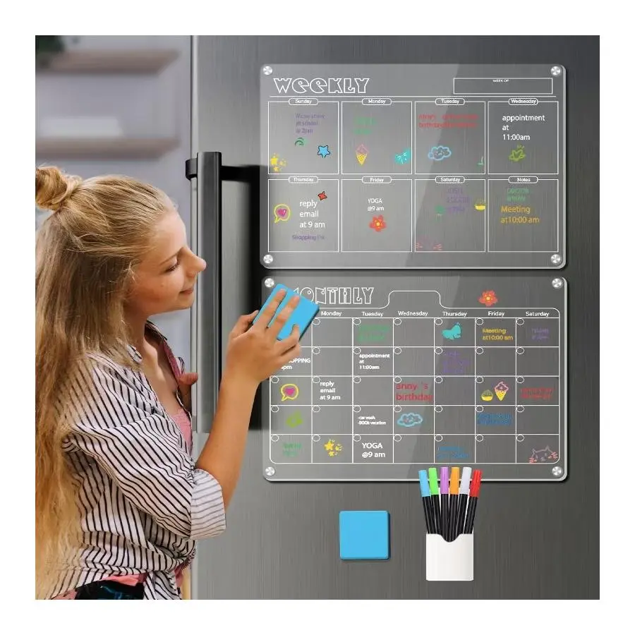 GUOBOARD 16"x12" Clear Acrylic Magnetic Dry Erase Board with Monthly & Weekly Planner, 6 Markers & Large Eraser for Refrigerator Organization Organizer Time Management Planning Scheduling