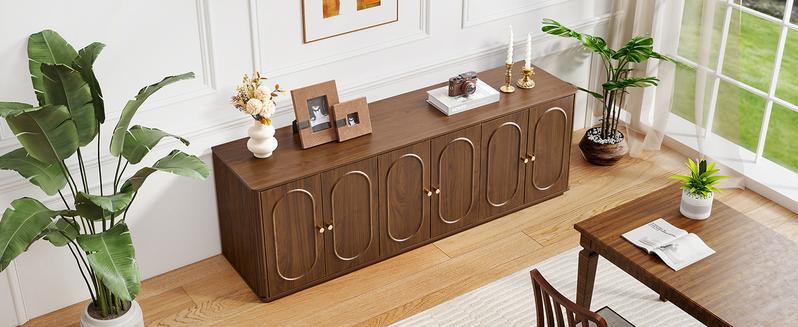 Giratree 63'' Fluted Sideboard Buffet Cabinet with Storage and 6 Doors, Low Storage Cabinet Modern Wooden Accent Credenza Console Table for Kitchen Dining Living Room Entryway
