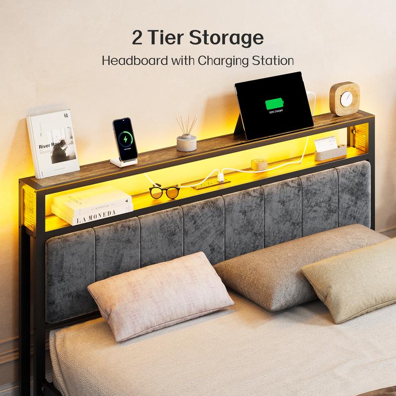 DAYAGO Twin/Full/Queen/King Bed Frame Metal Platform Bed with Headboard, 2-Tier Storage and LED Light, Charging Station Type C & USB Ports, No Box Spring Needed gamer  bed