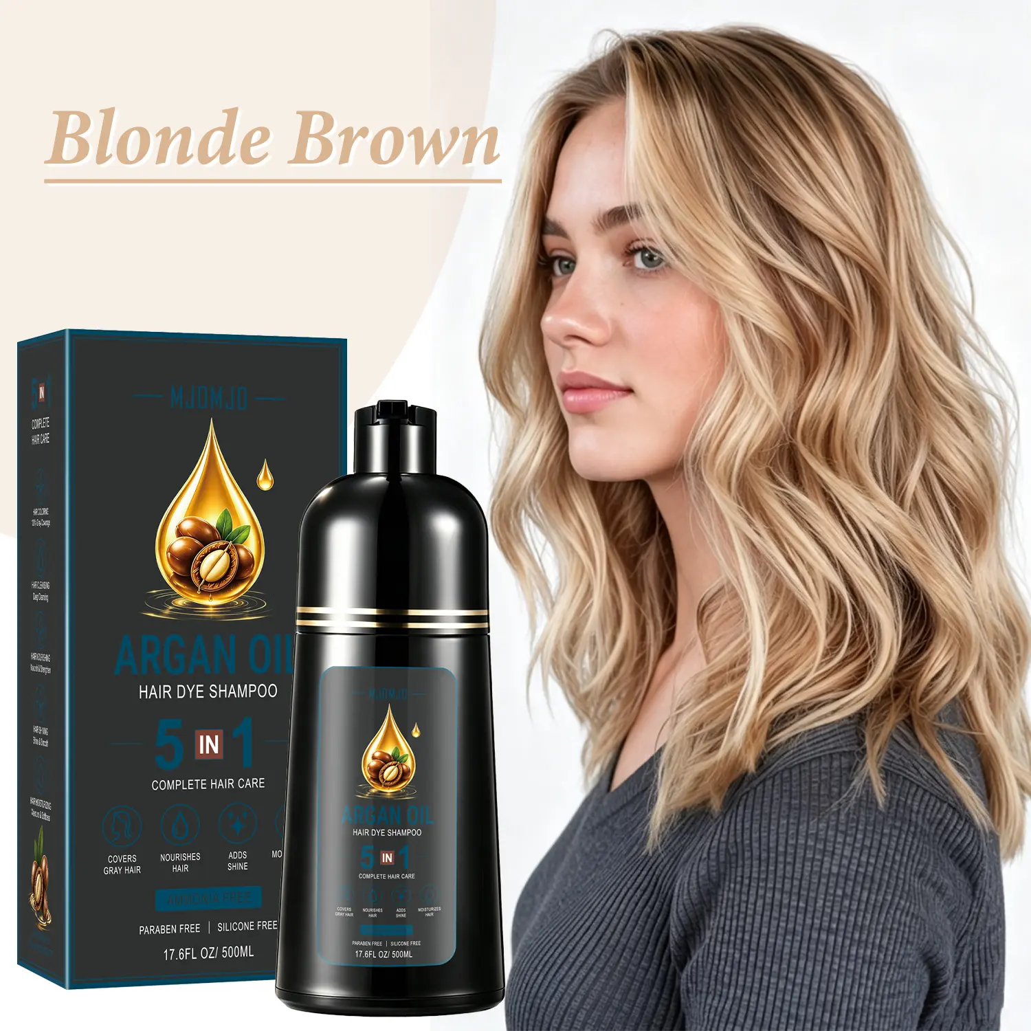 Blonde Brown 5-in-1 Hair Dye Shampoo with Argan Oil, Moisturizing Hair Color, Gray Coverage & Root Touch Up, No-Mix Ready to Use, Long-Lasting Semi-Permanent Color for Women & Men,500ML