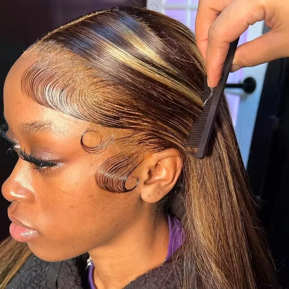 Highlight Wig 13x6 Hd Lace Frontal Wig Natural Hairline Pre Plucked P4/27 Ombre Colored Straight Human Hair Wig For Women