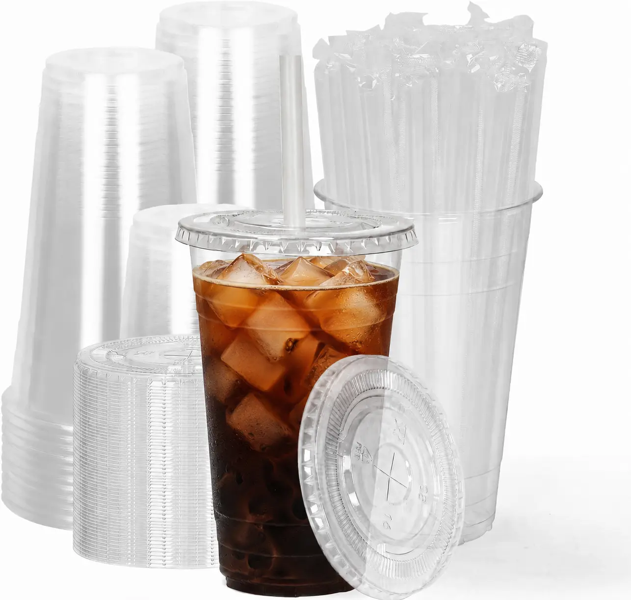 Disposable Drinkware 25-Pack 24oz Individual Transparent Plastic To-Go Cups with Straw+Lid, 9.1" Clear Straws, 98mm Caliber, for Cold Drinks, Iced Coffee, Parties (Home Disposable Tableware Supplies)