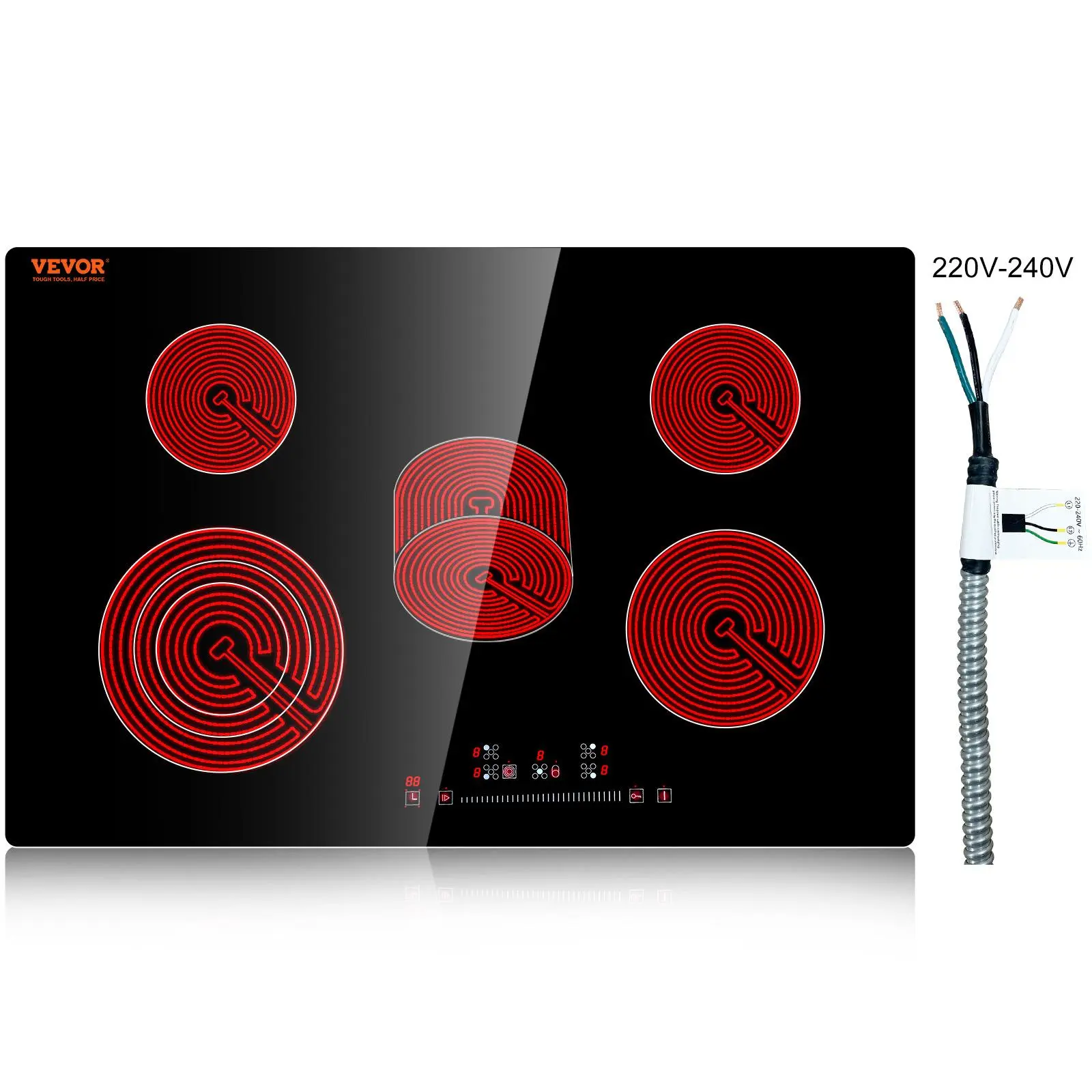 VEVOR Built-in Electric Glass Radiant Induction Stovetop, 30.3x20.5", 5 Burners, 240V Sensor Touch Control, Timer, Child Lock, 9 Power Levels, 8600W Total, 50/60Hz Ready, Compatible with Aluminum Pans