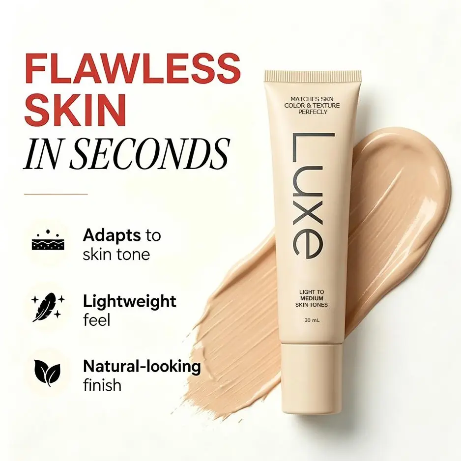 Luxe Adaptive Color Changing Foundation 30ml, Auto Self Adjust Shade Base, Buildable Light-To-Dark Coverage, 12HR Dewy Long Wear Skincare Infused Foundation No Orange Oxidation
