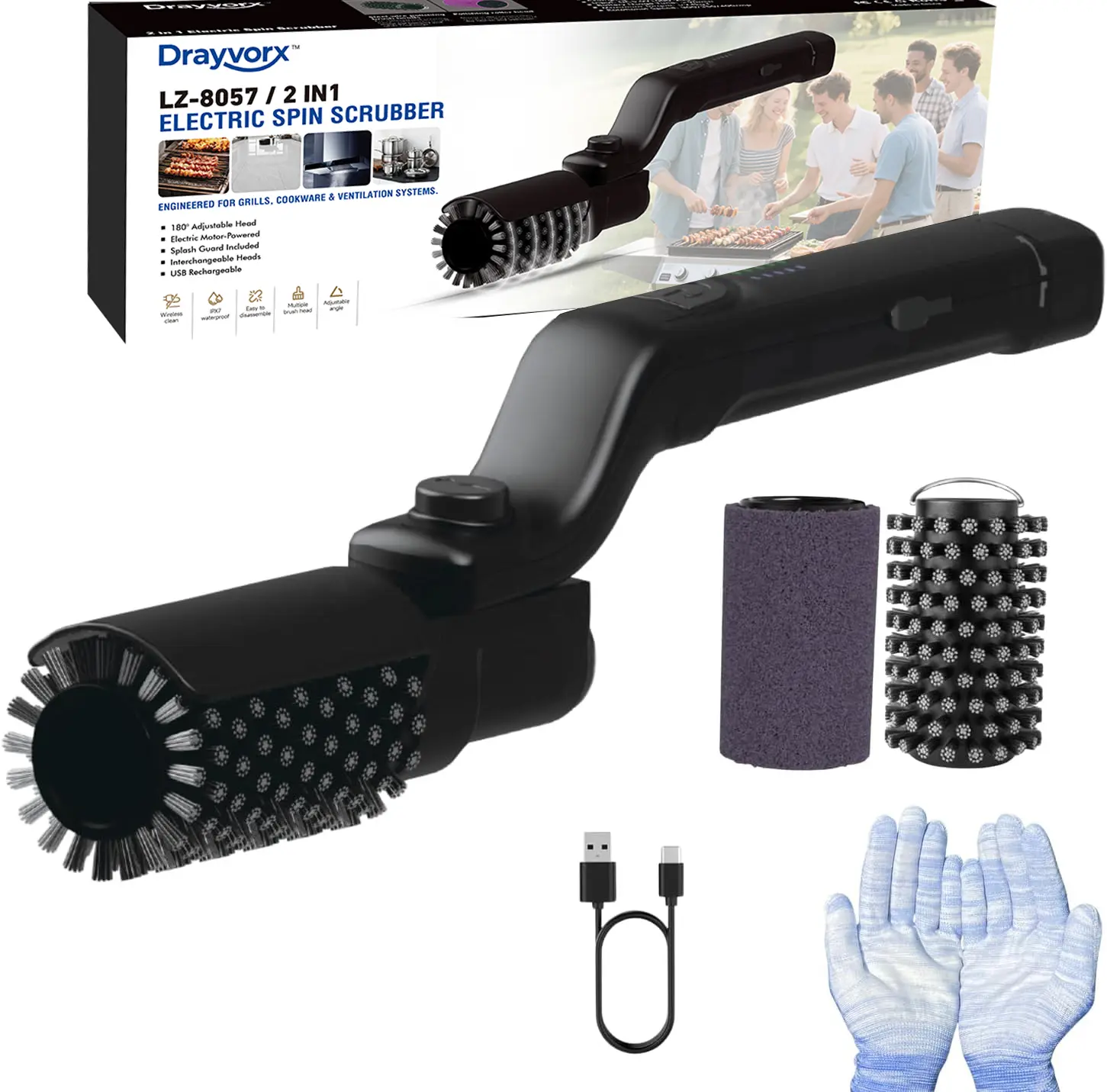 【DealsForYouDays】Cordless Rechargeable Electric BBQ Grill Cleaner Brush with Handle, Drayvorx Rust Resistant Durable Power Scrubber, Stainless Steel Bristles, 400 RPM High Torque, 180° Swivel Head for Outdoor Grill Cleaning