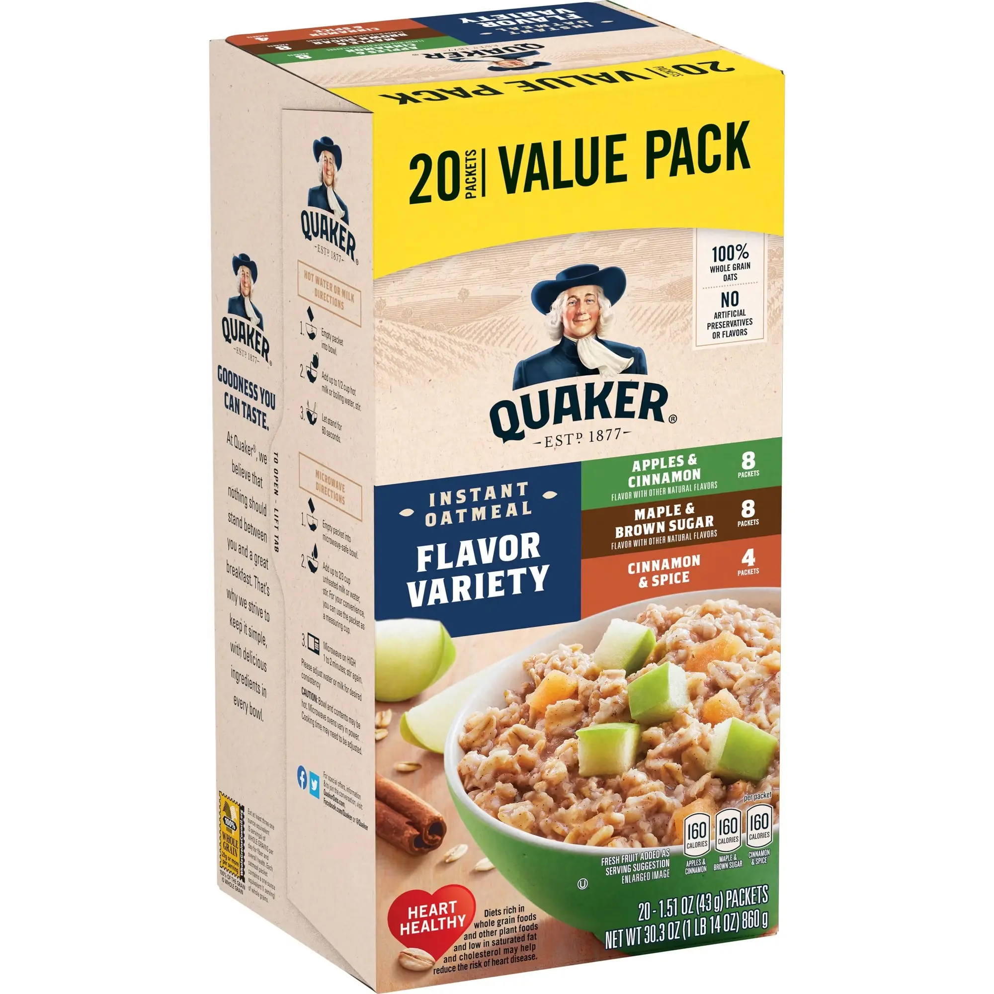Quaker Instant Oatmeal Flavor Variety Pack, 20 Packets – Apples & Cinnamon, Maple & Brown Sugar, Cinnamon & Spice