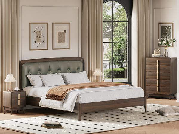 2-Pc Mid Century Nightstands, Dark Walnut Bedside Tables w/Drawers & Metal Handles, Solid Wood Feet