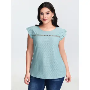 【Summer Turn-Up】BLOOMCHIC Plus Size Textured Lace Trim Flutter Sleeve T-Shirt [M-6X] 2026 Summer Vibes Swimweek,Summer wins,Deals for you days