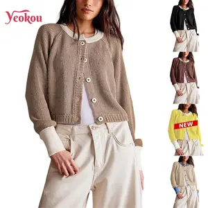 Yeokou Women's Minimalist Basic Color Block Cardigan - Button-Up Long-Sleeve Cropped Knit Jacket, Casual Round Neck Trendy Tops, Womens Knitwear