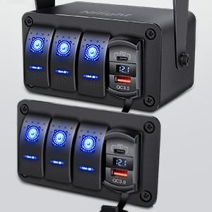 Nilight 3 Gang Rocker Switch Panel Blue Backlit with PD Type C and USB Charger Voltmeter Waterproof 12V 24V DC Rocker Switch with Night Glow Stickers for Car Trucks Boats RVs,2 Years Warranty,Blue/Box