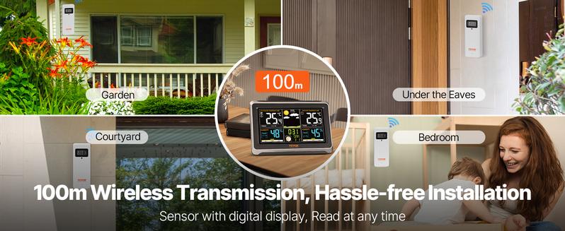 VEVOR Weather Station Indoor Outdoor,  7.5 in Large Color Display, Wireless Digital Home Weather Station, with Sensor Atomic Clock Adjustable Backlight Forecast Data Calendar Alarm Alert Temperature