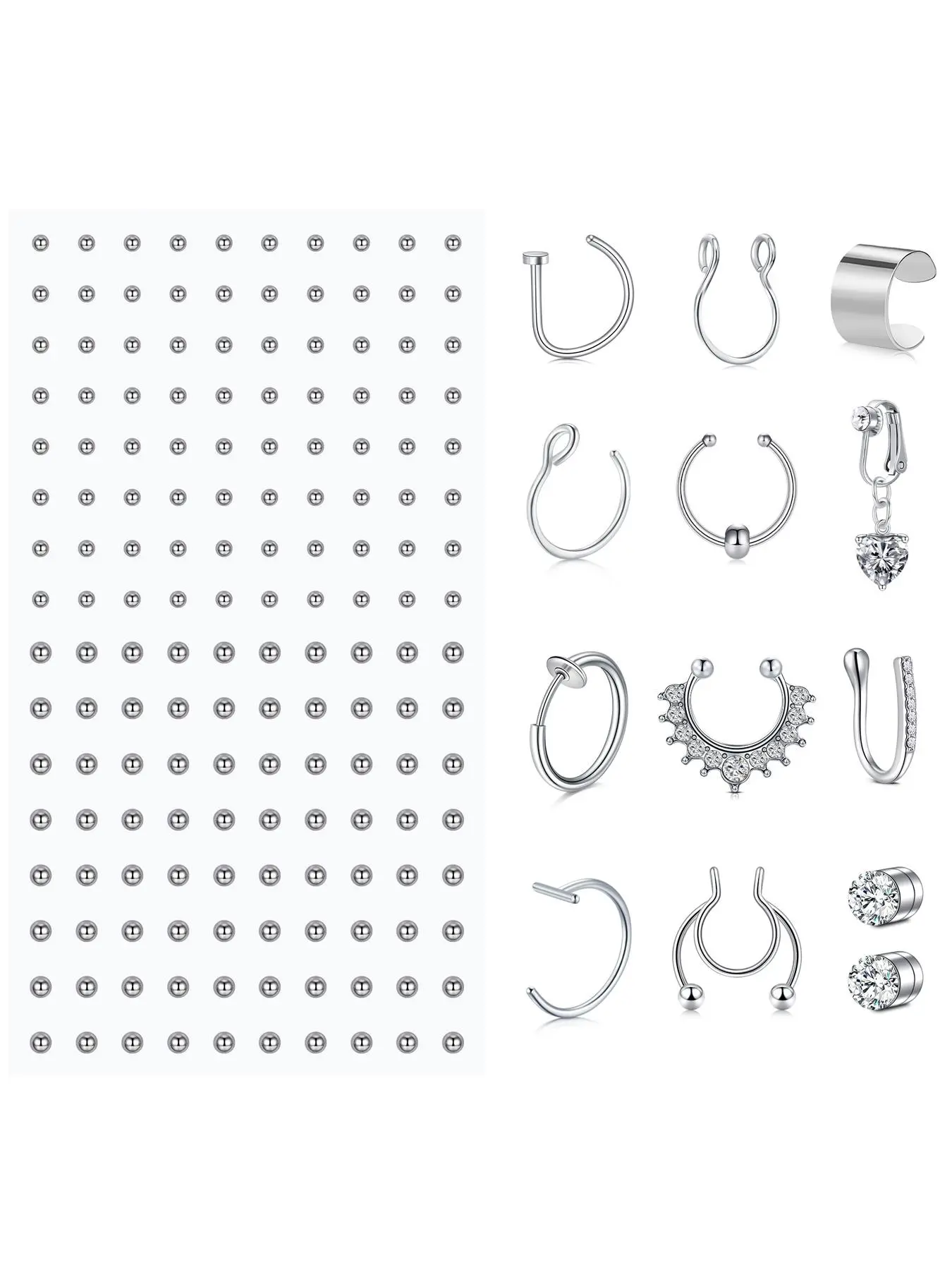 Fake Body Piercings Fake Lip Ring Fake Nose Ring Clip On Belly Button Ring Fake Eyebrow Piercing Fake Lip Nose Stud Self-Adhesive Face Sticker Fake Piercing Balls Silver Cool Punk Y2k Halloween Makeup For Women Non-Piercing Body Jewelry