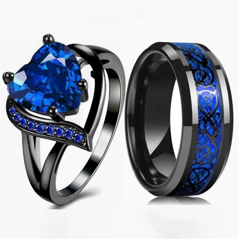 Couple's Ring Set: Heart Design with Blue Accents for Her, Celtic Dragon Stainless Steel Ring for Him. Wedding Jewelry Gift Suitable for Daily Wear