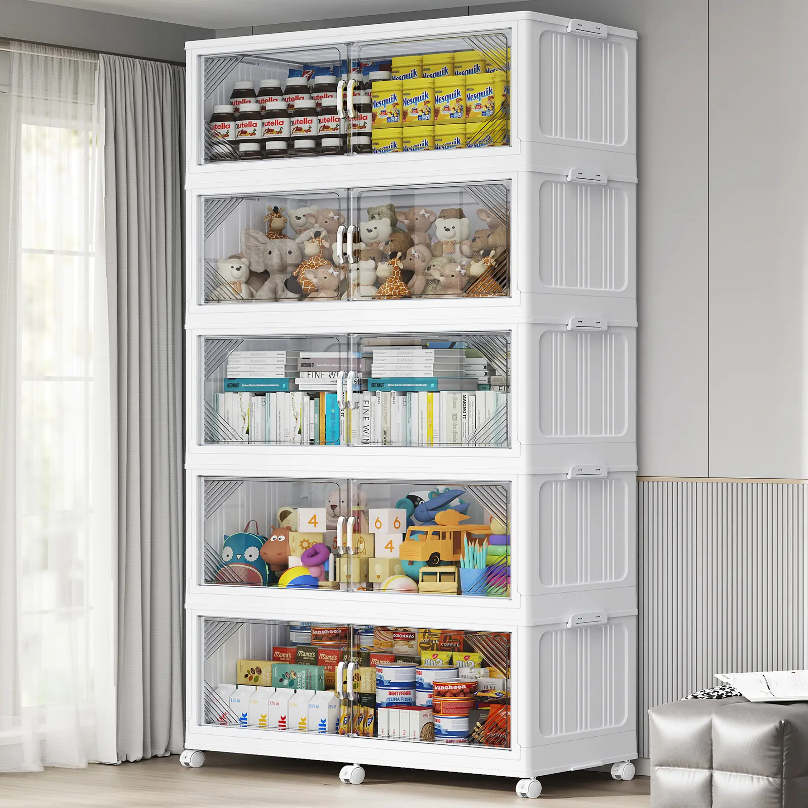 Broview V60 660Qt/700Qt/880Qt/1100Qt Extra Large Plastic Storage Bins with Lid, Each 220Qt stackable storage bin with lid,275Gal Stackable Containers With Drawers, Foldable Cabinets with 6x Wheels, Collapsible Closet Organizers for Home Office