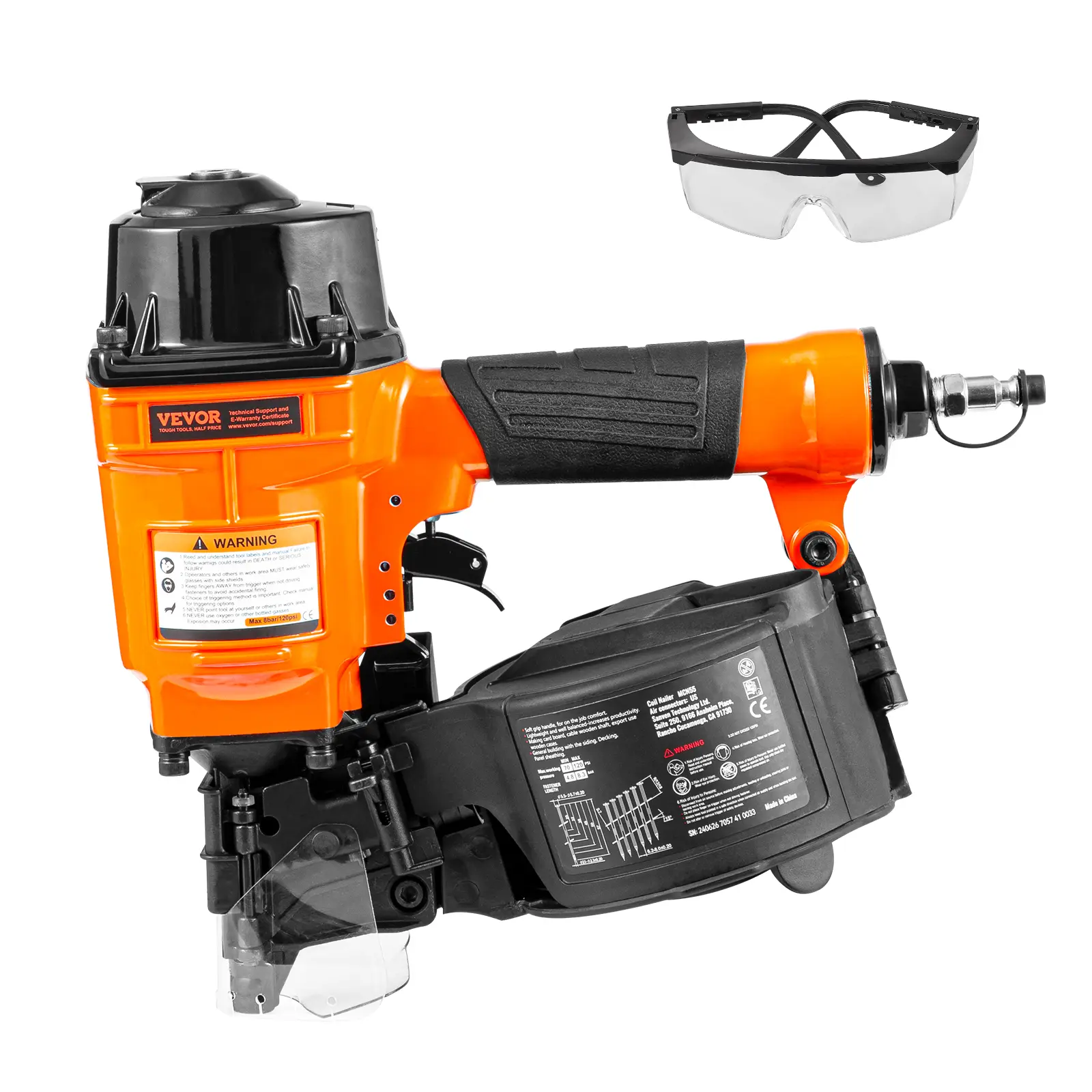 【Summerfinds】VEVOR 15-Degree Pneumatic Coil Siding Nailer MCN55, 1in-2-1/4in Nails, 70-120PSI Air Pressure, 300-350 Nail Load, Quick-Release Nose, for DIY, Fencing, Sheathing, Decking, Wooden Fences, Construction Projects, Black