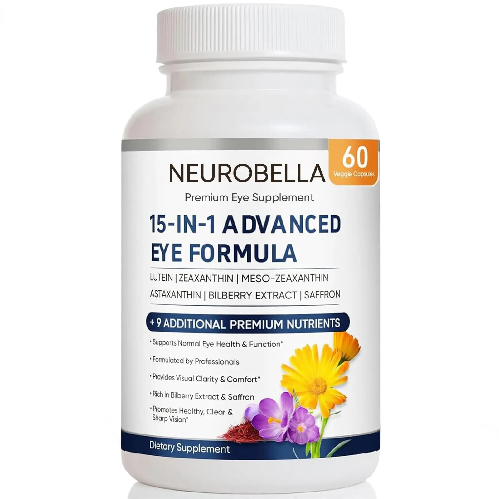 Neurobella Eye Formula, 15 in 1 Daily Eye Wellness Supplement with Lutein Zeaxanthin Bilberry & Vitamins, Clean Capsule Formula for Adult Wellness Routine