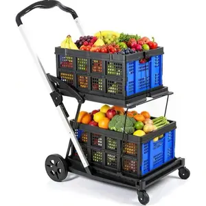 Collapsible Shopping Cart - 2-Tier Multi-Use Functional Portable Folding Food Cart with Wheels & Removable Basket Carries, 2 baskets included, Lightweight, Blue Trolley, Adjustable Foldable rolling trolley for home, grocery, supermarket.