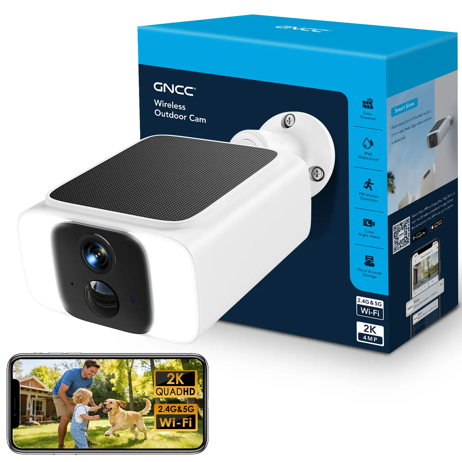 GNCC 2K Solar Outdoor Camera - Wireless, 5GHz Dual Band WiFi, Home Security with Continuous Power & Color Night Vision, SD/Cloud Storage, Waterproof, Alexa/Google Compatible,father'sdaygifts