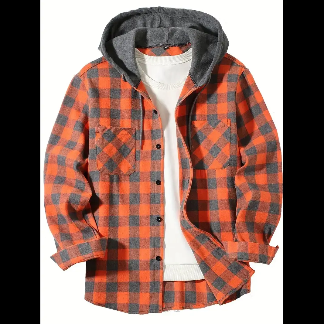 1-piece men's flannel hoodie - checkered button - long sleeved casual jacket with pockets, machine washable, comfortable all season (grey/red and blue/black checkered), essential for autumn wardrobe, classic checkered design, front pocket feature
