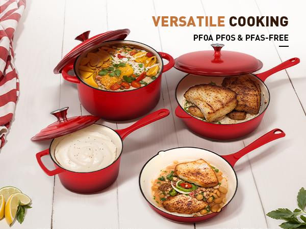 [Summer Vibes] Kitchen Academy Enamel Cast Iron 7 Piece Cookware Set, Dutch Oven Pot with Lid, Red Non Stick Pots and Pans set, Oven Safe up to 500°F Cooking Modern