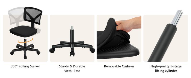 Armless Mesh Office Desk Chair, Ergonomic Computer Desk Chair, No Armrest Small Mid Back Executive Task Chair with Lumbar Support and Swivel Rolling