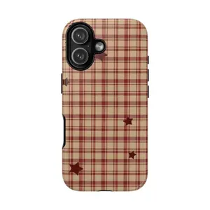 Brown Plaid Star Tough Phone Case for iPhone 11, 12, 13, 14, 15, 16, 17 Pro Max Plus. Vintage Checkered Aesthetic Retro Pattern, Anti-Drop, Waterproof, Shockproof Protective Cover with Glossy Finish & Scratch-Resistant Full Protection.