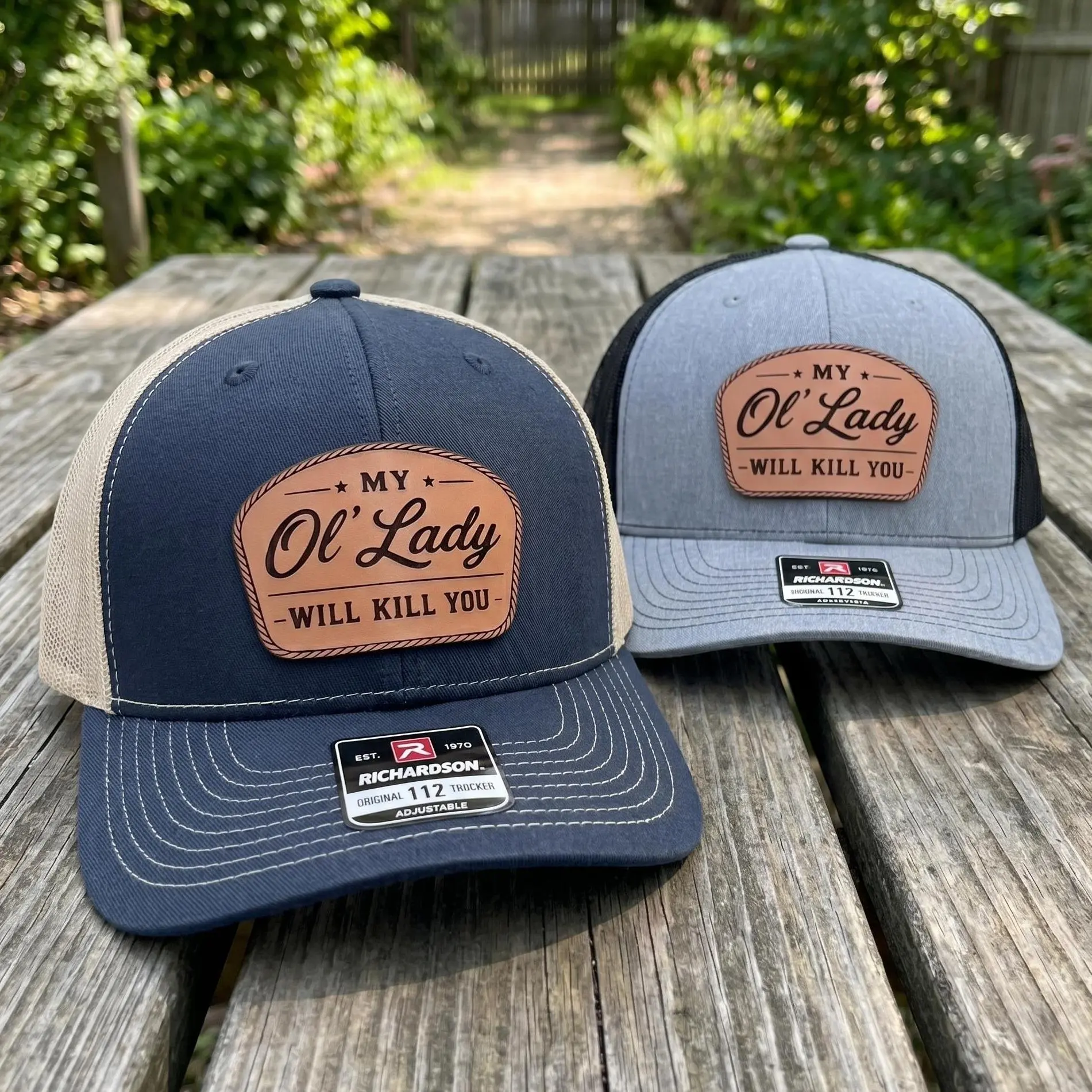 My Ol Lady Will Kill You Leather Patch Hat, Vintage Americana Humorous Trucker Cap, Retro Funny Wife Sarcastic Joke Snapback