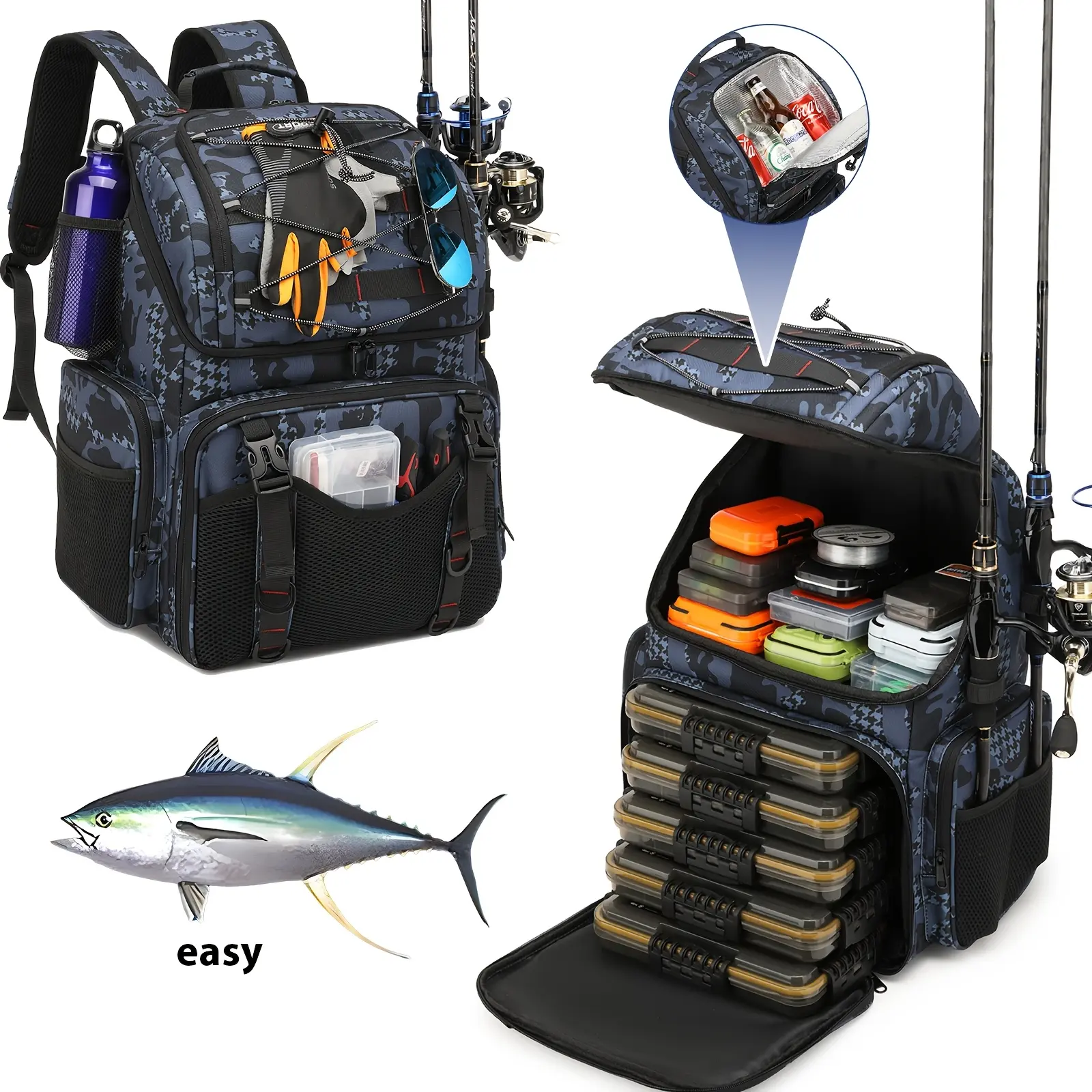 Camouflage Crossbody Sling Bag, an Outdoor Sport Accessory and Tackle Organizer with External Rod Holder and Adjustable Shoulder Strap, Outdoor Fishing Supplies, Sport Fishing Accessory, Fishing Rods
