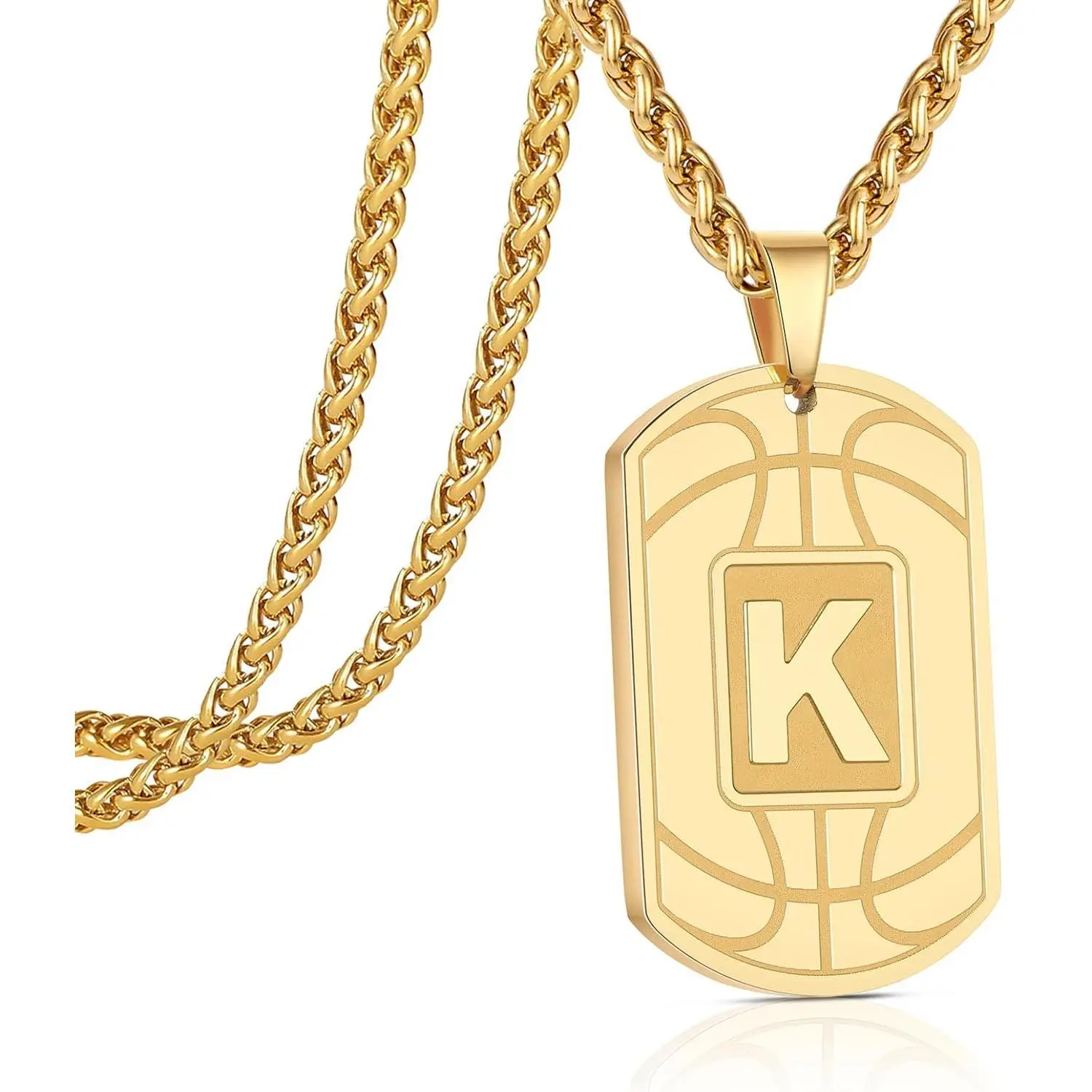 Basketball Initial A-Z Letter Dog Tag Necklace for Boys Men Son Athletes Boyfriend Sports Jewelry Gifts Stainless Steel Pendant Chain 24 Inch