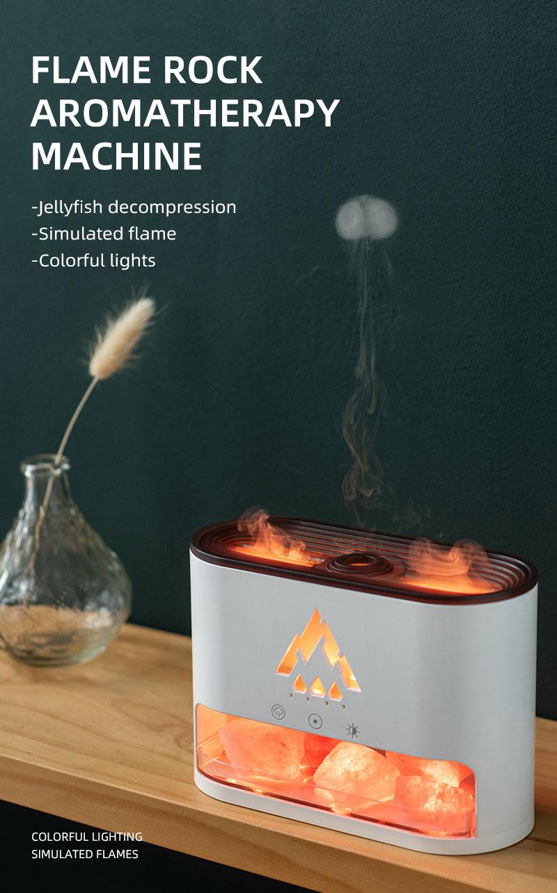 Flame Rock Aromatherapy Machine 250ml Essential Oil Diffuser with Simulated Flame & Jellyfish Mist Colorful LED Lighting Cool Mist Humidifier Timer Auto Off for Home Bedroom Office