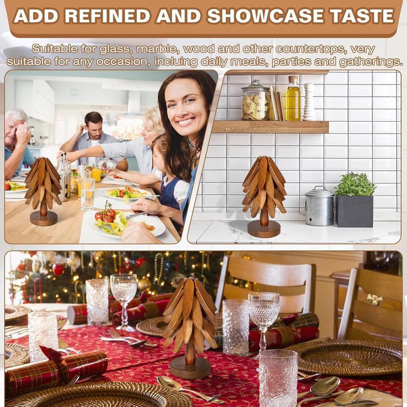 Natural Tree Trivet Set 4 Wooden Trivets & 1 Stand Heat Resistant Foldable Design Durable & High Quality Solid Wood Ideal for Hot Dishes, Pots, Bowls, Teapots Kitchenware & Tableware Coasters
