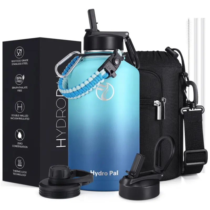 HydroPal 64oz Unisex Stainless Steel Insulated Water Bottle - BPA-Free Food-Grade, Wide Mouth, Double-Wall Flask with Chug Lid, Straw, Paracord Carrier - Portable for Hiking, Insulation-Focused Bottled Vacuum Jug