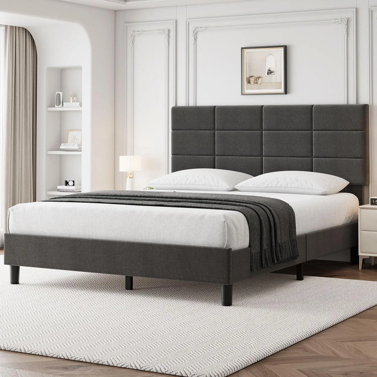 Sohochic Grey Full Size Plush Linen Upholstery Wood Platform Bed Frame with 39.37"-43.31" Adjustable Height Memory Foam Headboard, 700 lbs Heavy-Duty Support, No Box Spring Needed, Noise-Free, Tool-Free Assembly, 39.37" To 43.31"