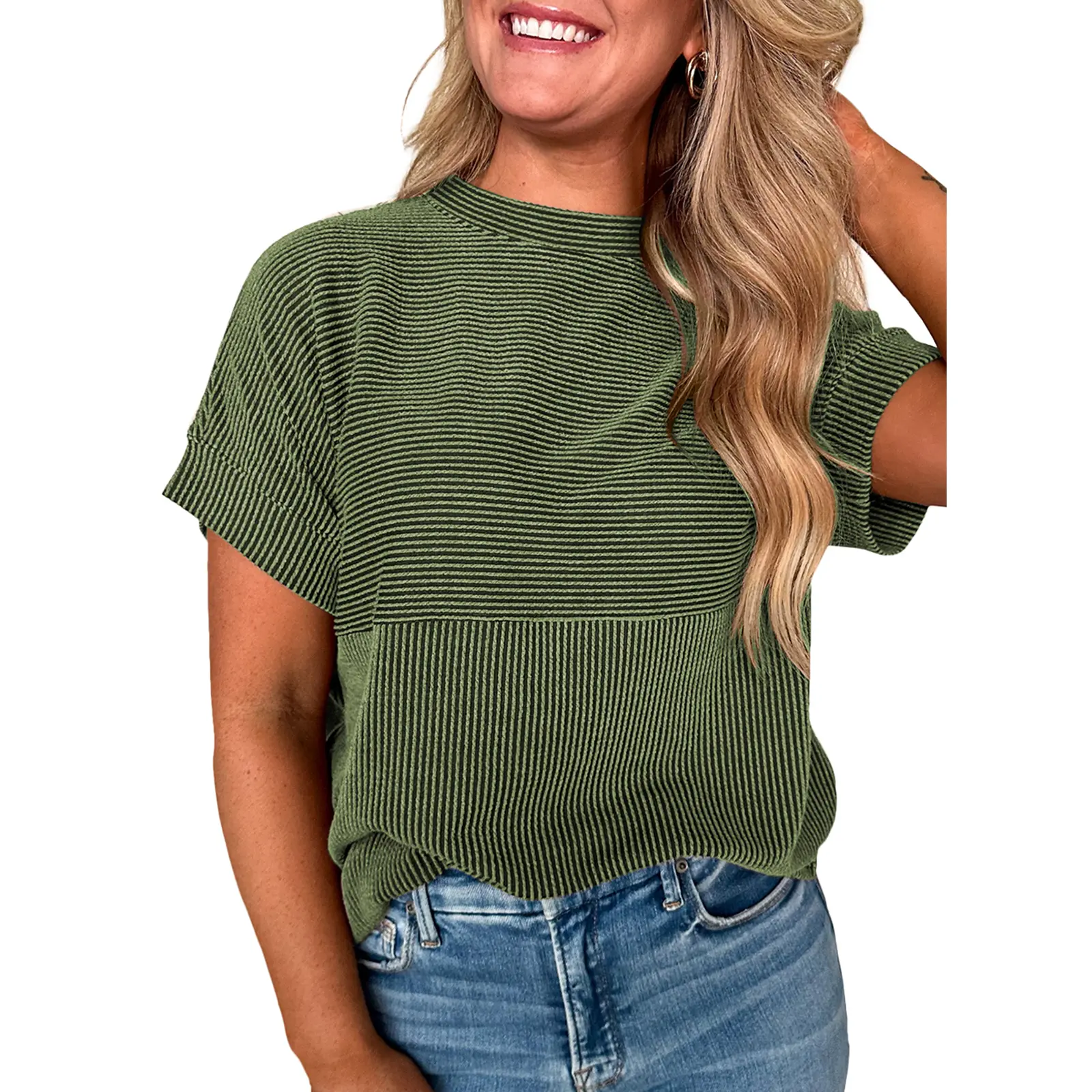 EVALESS Women's Solid Short Sleeve T Shirts Tops Ribbed Knit Striped Crewneck Casual Loose Fit T Shirts 2026 Womenswear Summer Outfits Summervibes Deals For You Days,back to school,back to school shopping Basic Trend