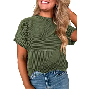 EVALESS Women's Solid Short Sleeve T Shirts Tops Ribbed Knit Striped Crewneck Casual Loose Fit T Shirts 2026 Womenswear Springtok Summer Outfits