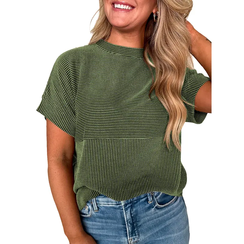 EVALESS Women's Solid Short Sleeve T Shirts Tops Ribbed Knit Striped Crewneck Casual Loose Fit T Shirts 2026 Womenswear Summer Outfits Summervibes  Deals For You Days,back to school,back to school shopping Basic Trend