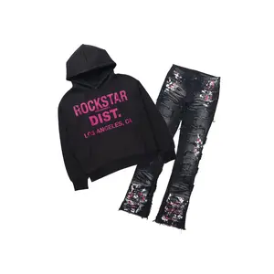 Saxon Pink/Black Hoodie/Stacked Flare Jean Set